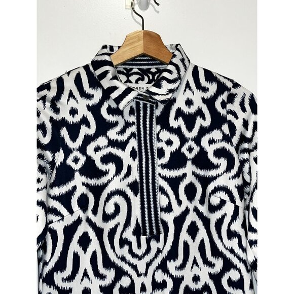 Gretchen Scott Blue & White Ikat Print Dress 3/4 Sleeves & Stand Collar Women's - Picture 4 of 9